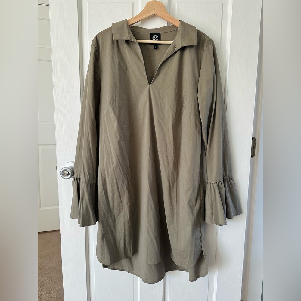 Bobeau Shift Dress Olive Green Pullover Bell Sleeves Cotton Size L